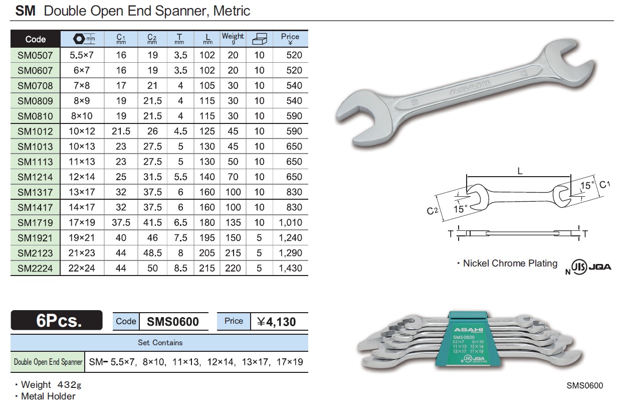 Ichiban Precision Sdn Bhd - Asahi Tools - Asahi Tools SSP Single Open End  Spanner, Metric, RD Ring Spanner, Metric, S Single Open End Spanner,  Metric, DR Striking Face Ring Spanner, Metric